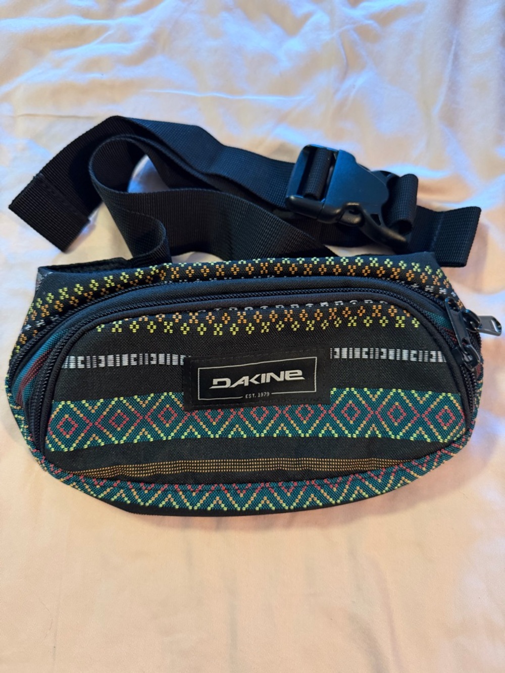 Dakine Black Waist Pack with Teal & Yellow Pattern